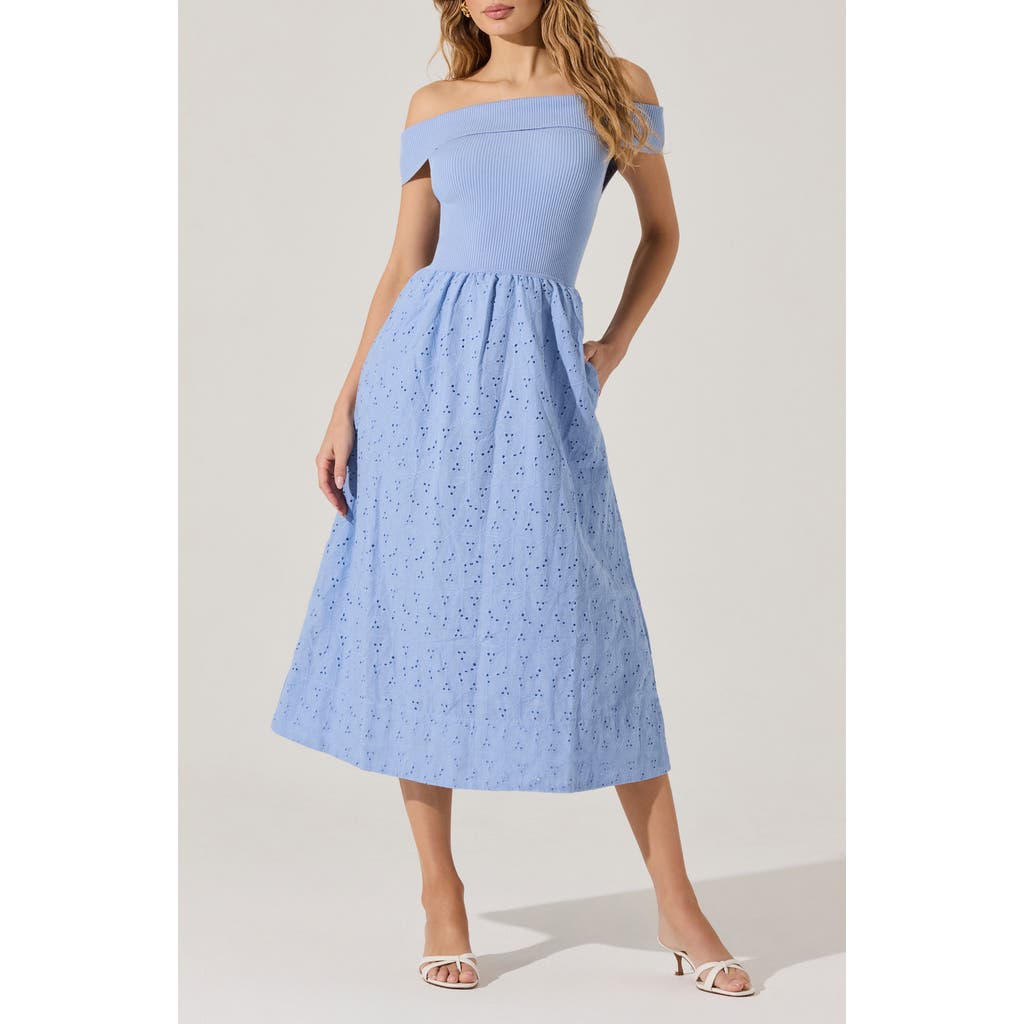 Astr The Label Mixed Media Off The Shoulder Dress In Blue
