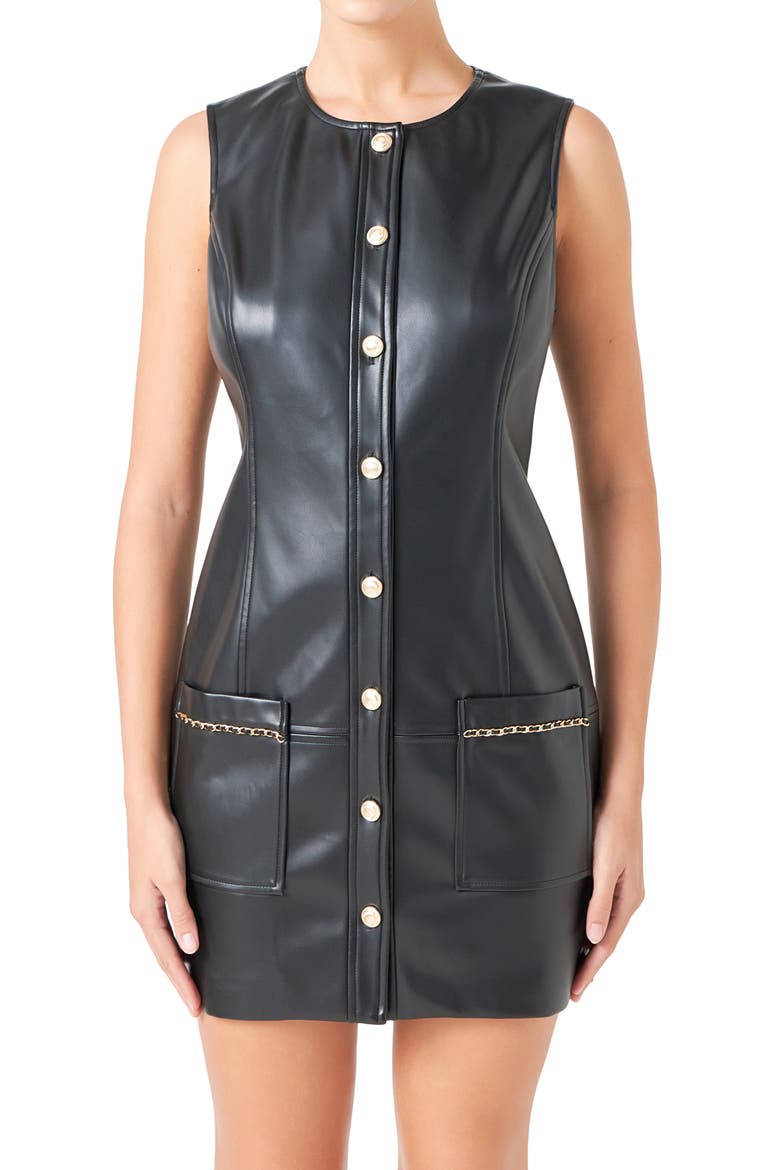 Sleeveless Faux Leather Minidress, Alternate, color, BLACK