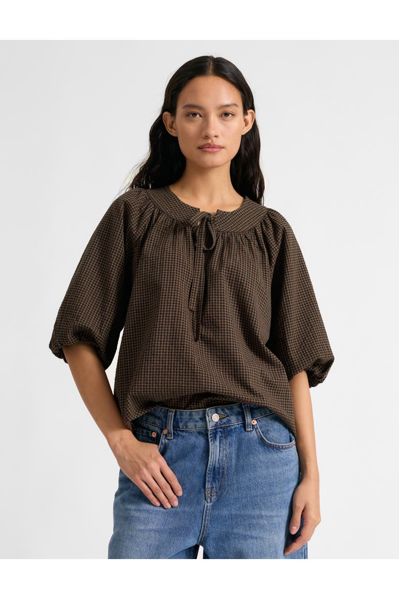 Gingham Blouson Sleeve Top, Main, color, Chocolate