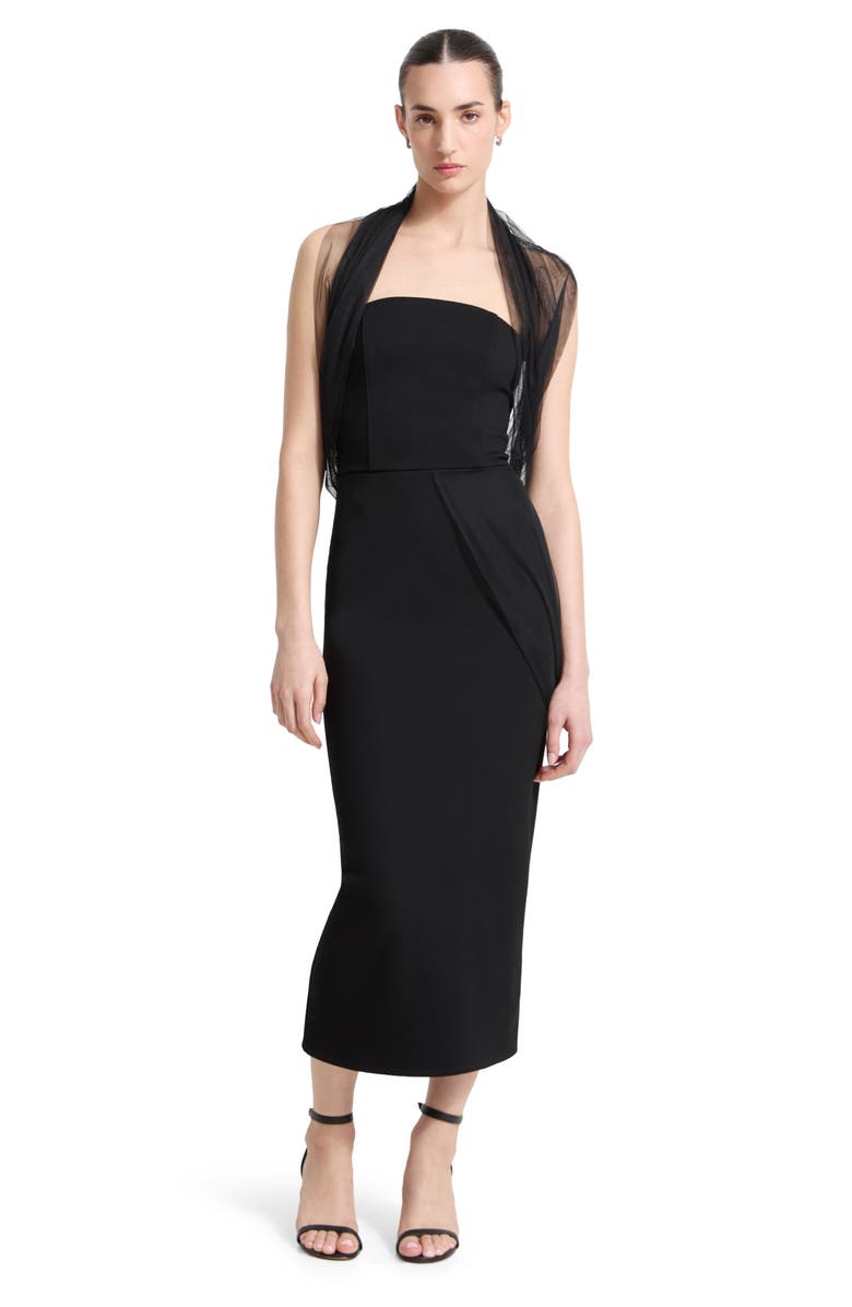 Marcella Dianne Strapless Sheath Dress with Removable Mesh Scarf, Alternate, color, Black