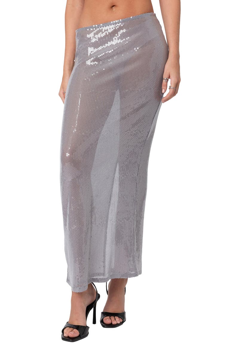 Riki Sheer Sequin Low Rise Maxi Skirt, Main, color, GRAY