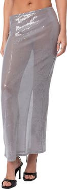 EDIKTED Riki Sheer Sequin Low Rise Maxi Skirt