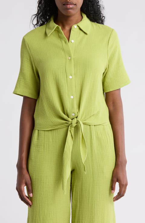 Short Sleeve Tie Front Cotton Gauze Shirt