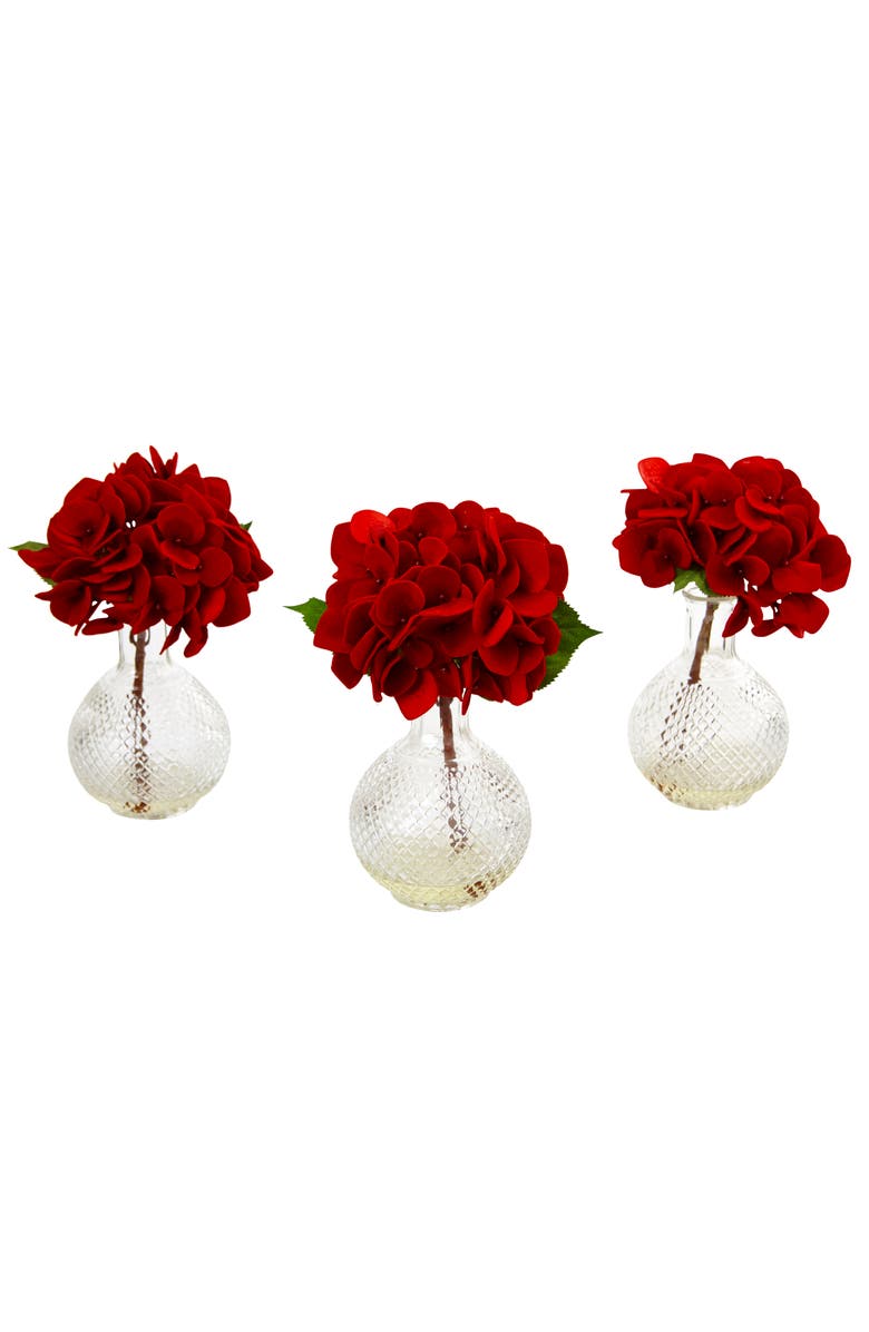 NEARLY NATURAL Red Hydrangea with Glass Vase, Main, color, Green