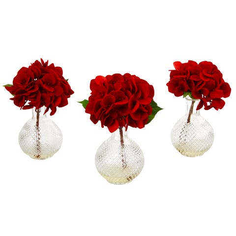 Red Hydrangea with Glass Vase (Set of 3)