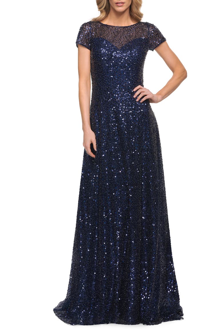 Embellished Illusion Mesh Column Gown, Main, color, NAVY