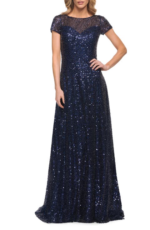 Embellished Illusion Mesh Column Gown