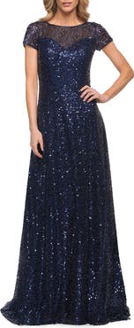 La Femme Embellished Illusion Mesh Column Gown