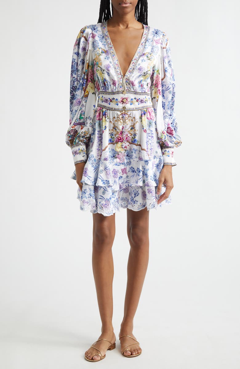 Camilla Floral Long Sleeve Silk Tiered Dress, Main, color, All About That Lace