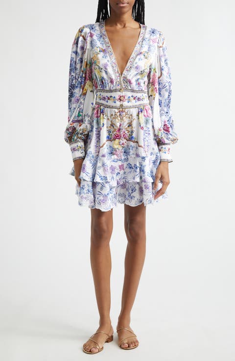 Floral Long Sleeve Silk Tiered Dress