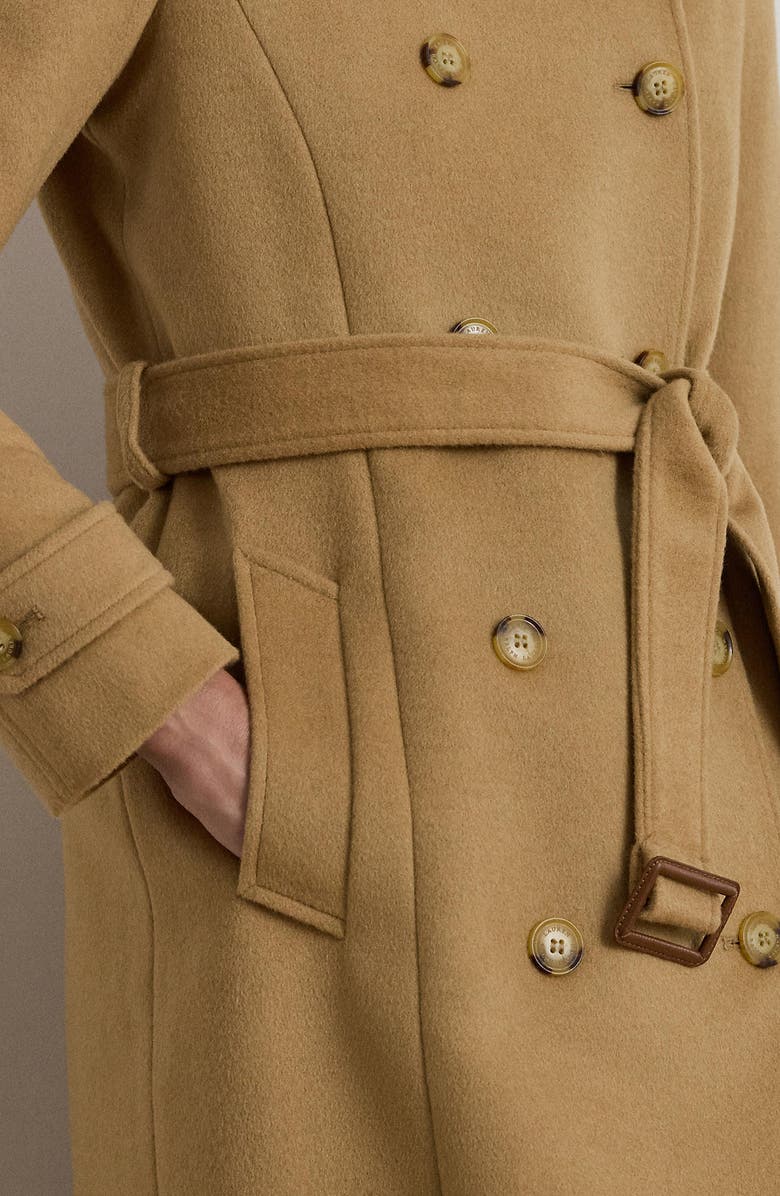 Lauren Ralph Lauren Faux Leather Detail Wool Blend Coat, Alternate, color, Camel