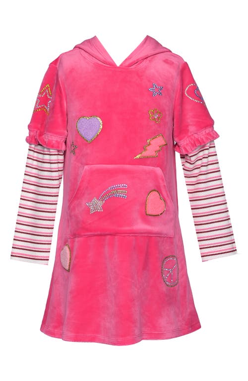 Truly Me Kids' Patchwork Hooded Velour Dress In Pink