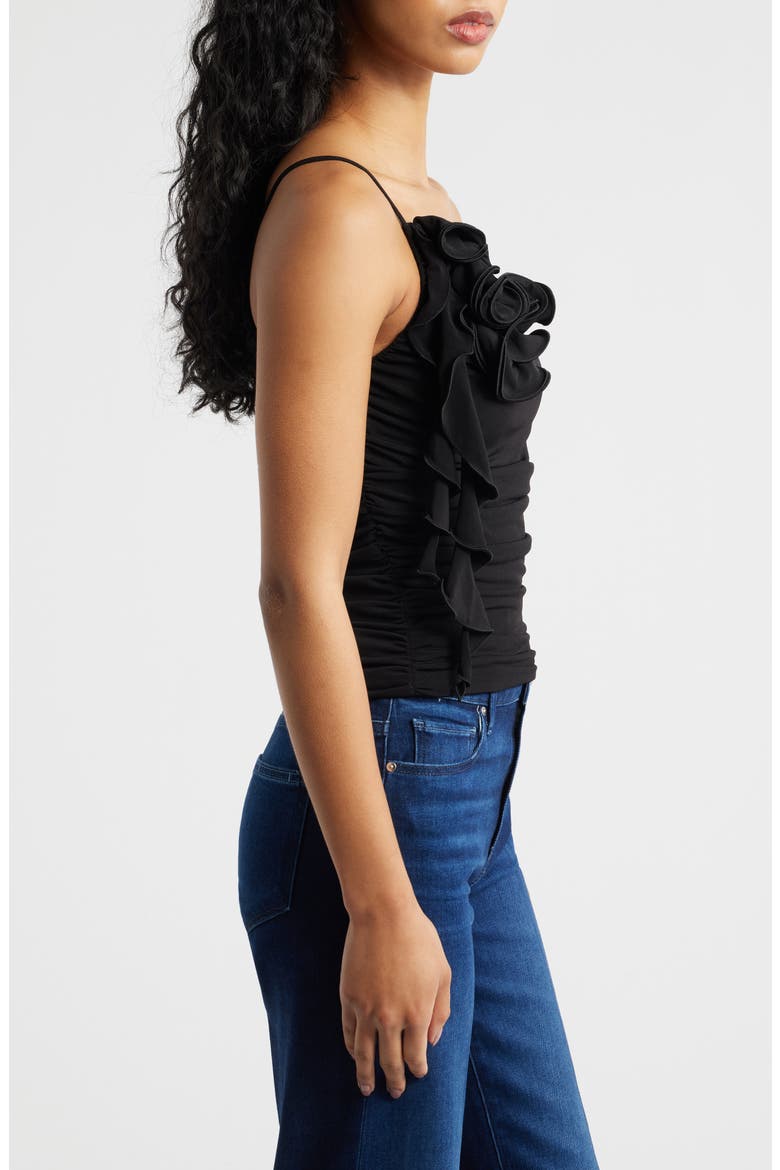 Ruched Asymmetrical One-Shoulder Top with Ruffle Trim, Alternate, color, BLACK