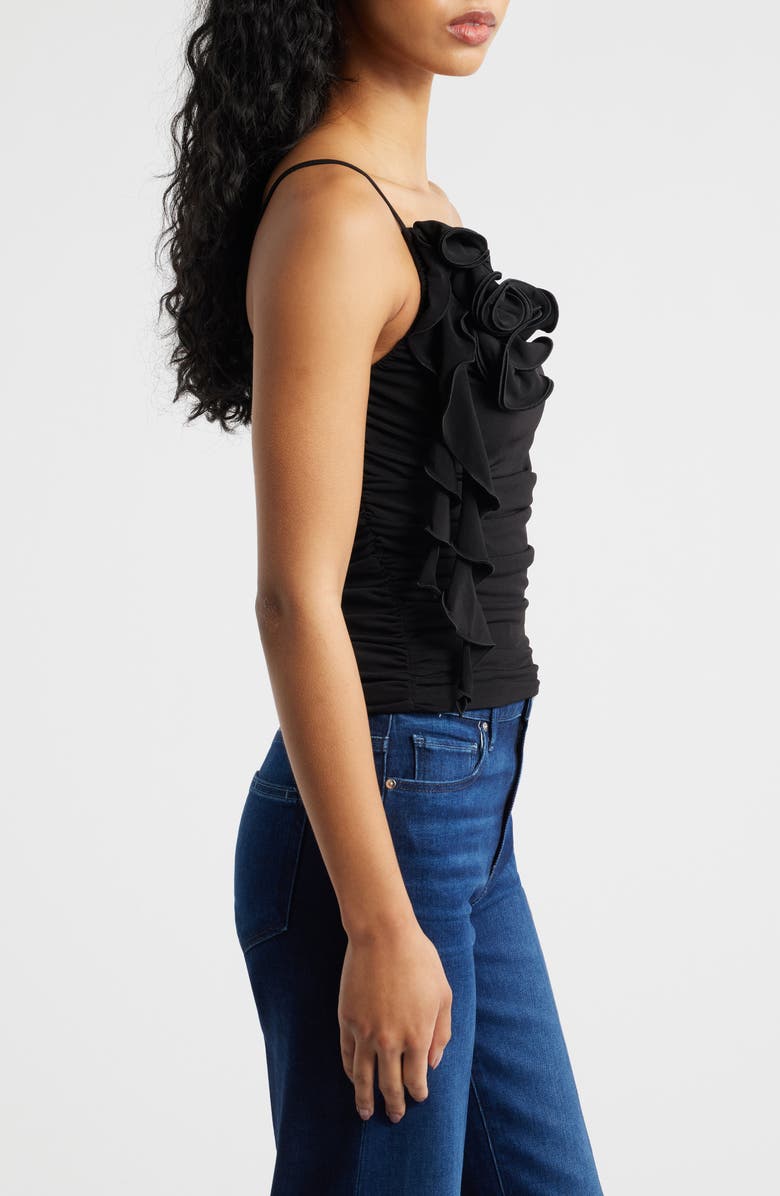 MANGO Ruched Asymmetrical One-Shoulder Top with Ruffle Trim, Alternate, color, Black