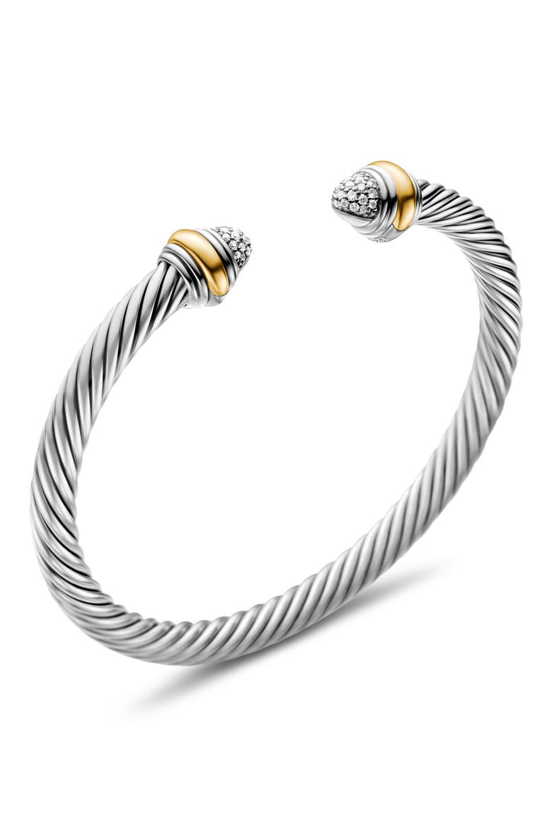 Classic Cable Bracelet in Sterling Silver with 14K Yellow Gold and Pavé Diamond Domes, 5mm, Alternate, color, SILVER PAVE