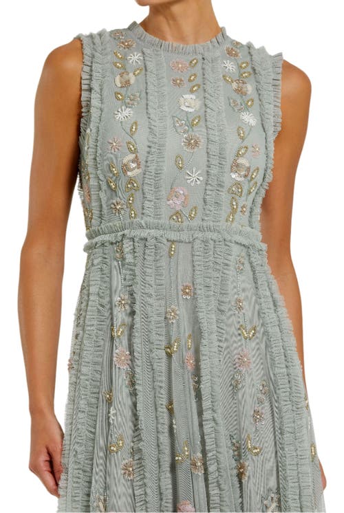 Mac Duggal Floral Mesh Sleeveless A Line Micro Ruffle Gown In Sage Multi