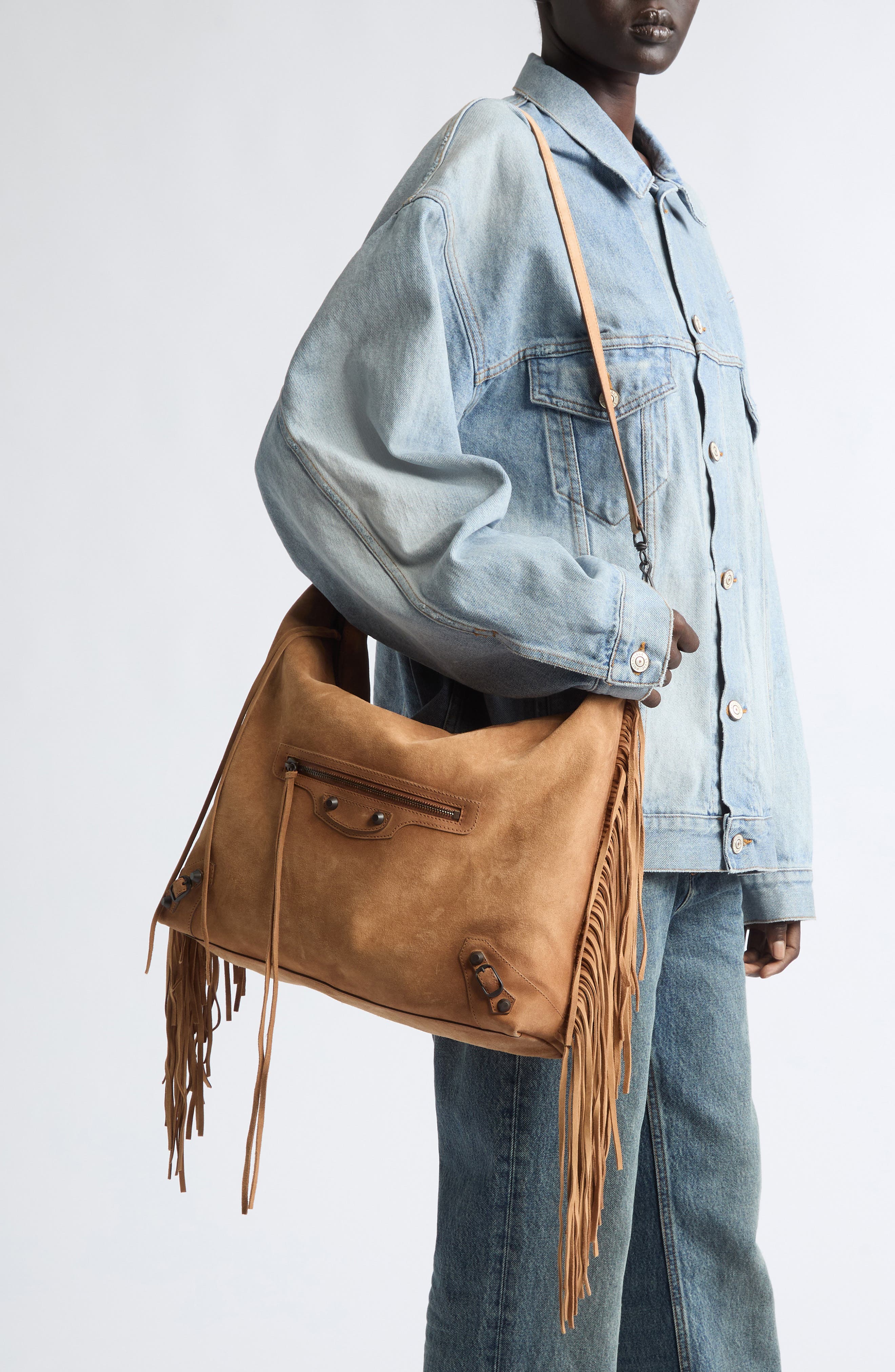 Medium Le City Fringe Waxed Suede Hobo Bag, Alternate, color, 2533 CAMEL