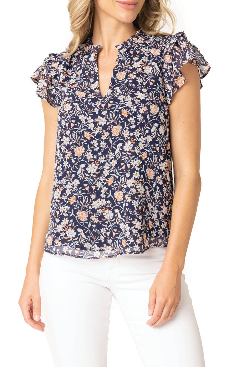 Print Flutter Sleeve Top, Main, color, INDIGO CORAL FLORAL
