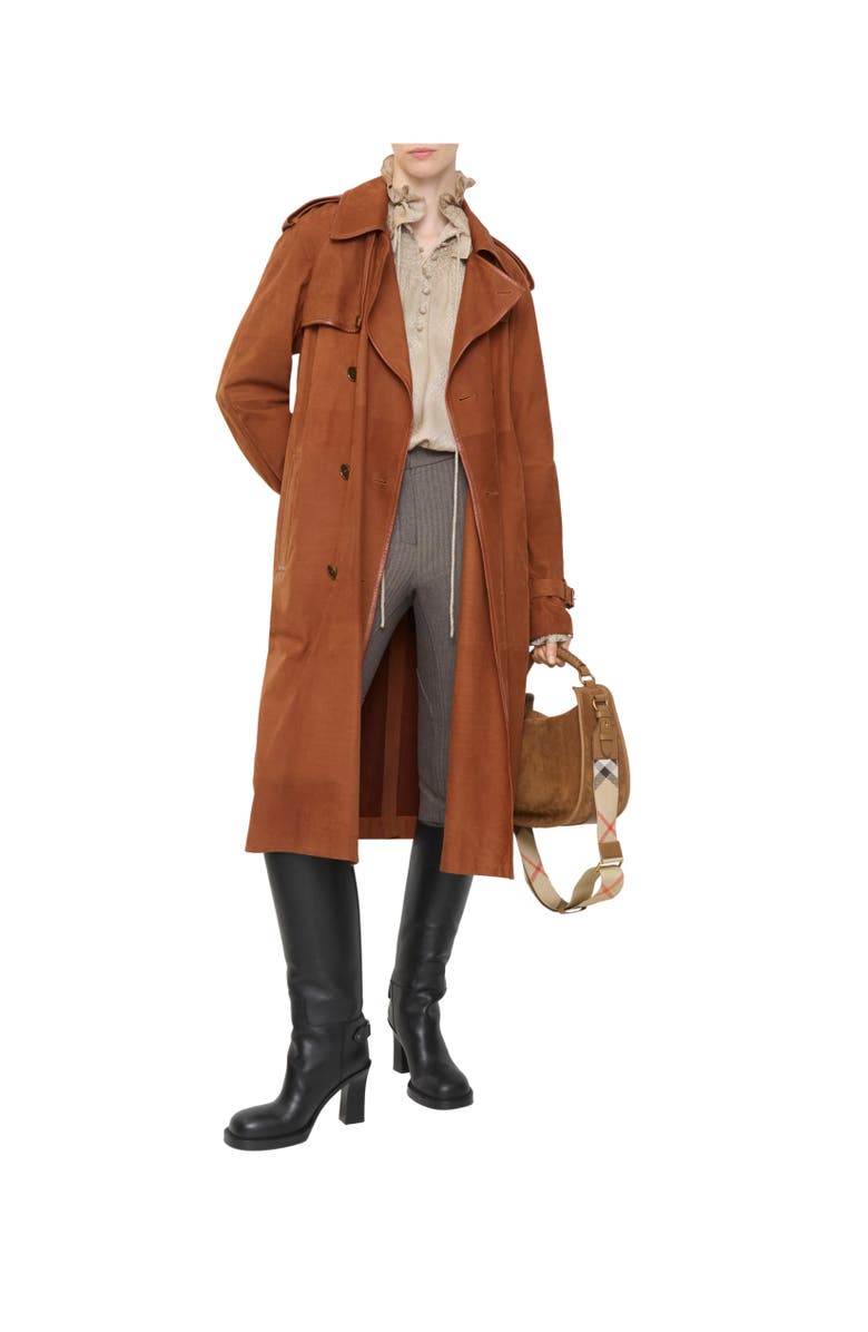 Burberry Long Nubuck Castleford Trench Coat, Alternate, color, Ginger Brown