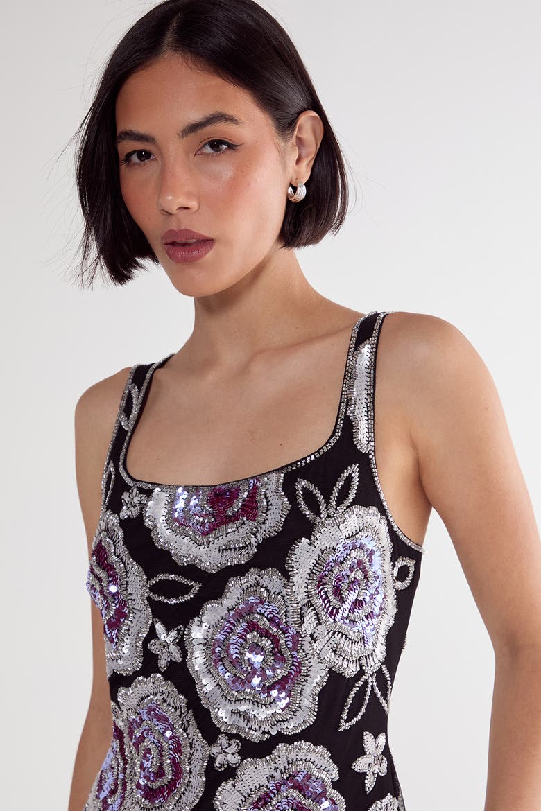 Beaded Flower Sequin Mini Dress, Alternate, color, Black