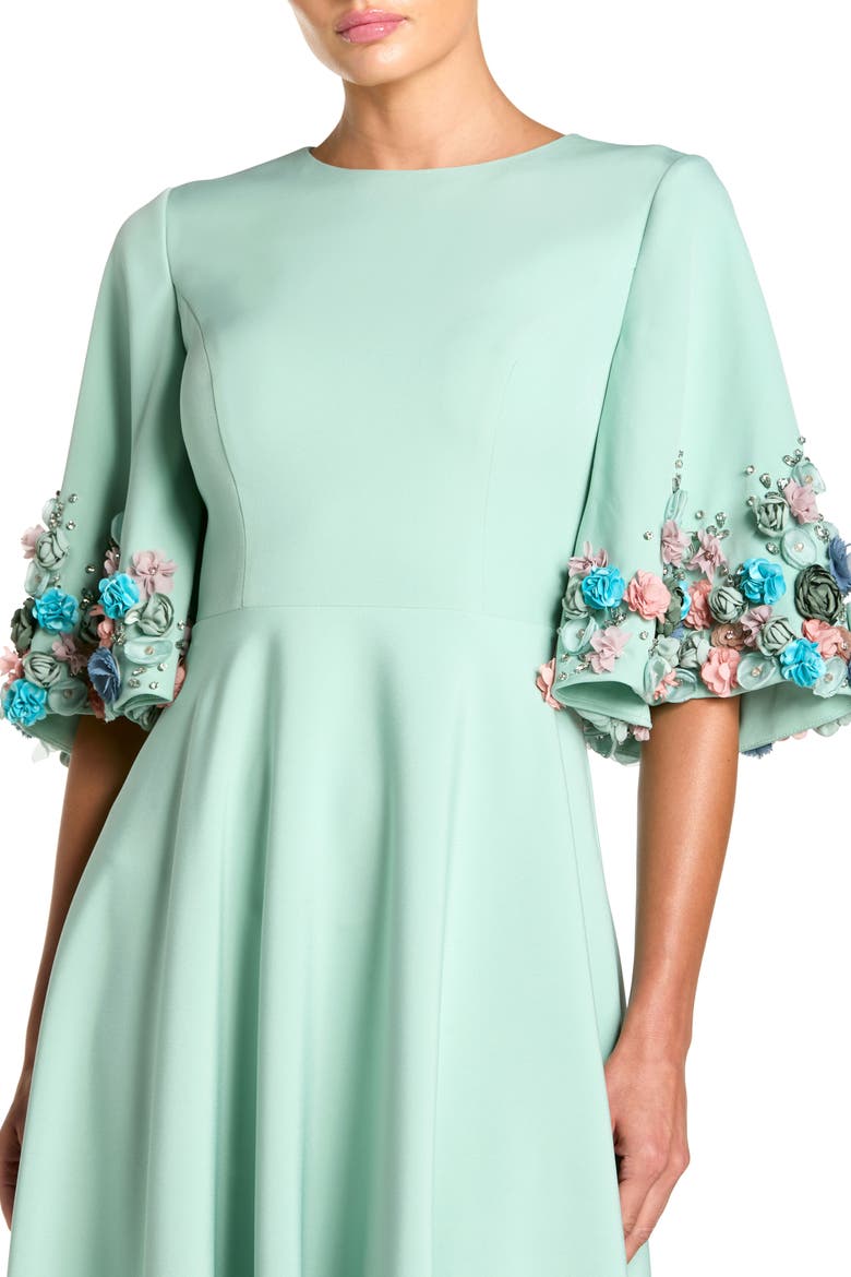 Stretch Satin Elbow Sleeve Gown With Flower Trim, Alternate, color, Sage