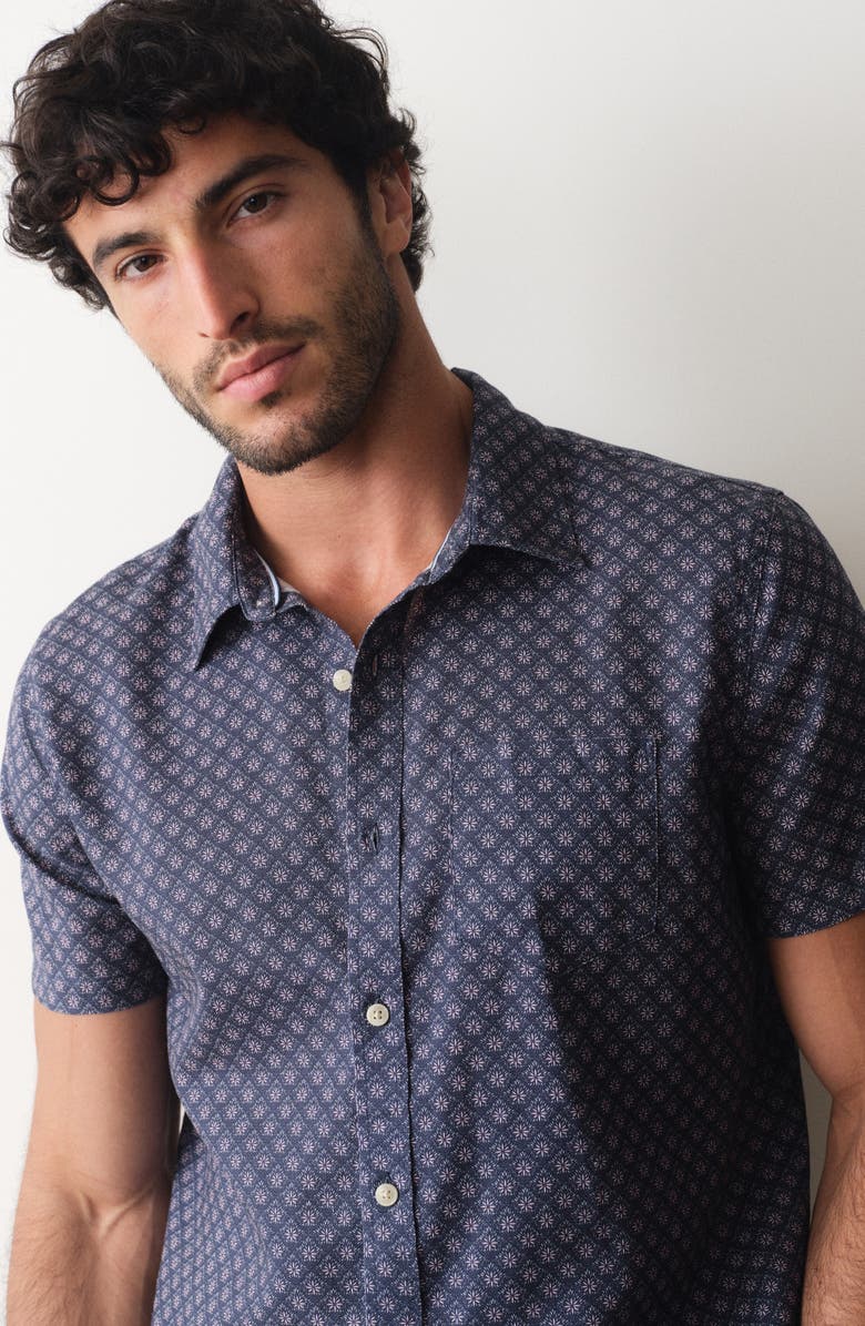 Marine Layer Better-Than-Linen Diamond Print Short Sleeve Button-Up Shirt, Alternate, color, India Ink Diamond Print