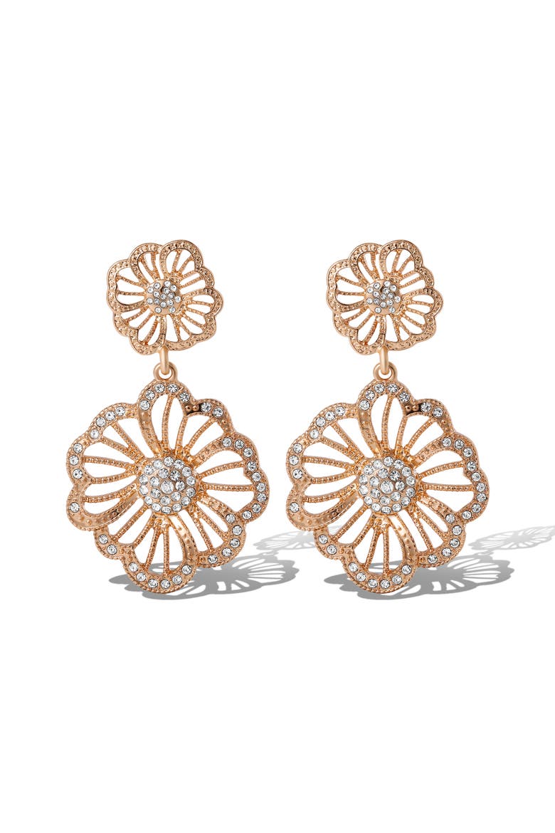 Clear Pave Crystal Flower Dangle Earrings, Main, color, Gold