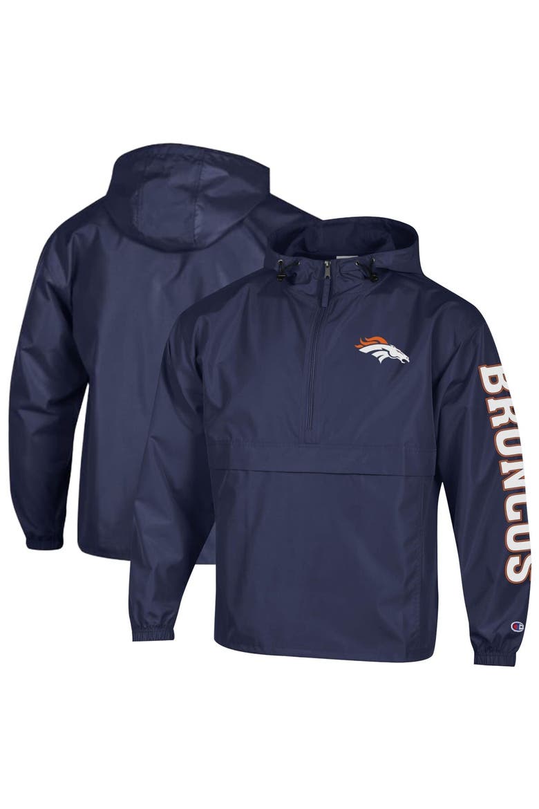 Men's Champion Navy Denver Broncos Packable Hooded Windbreaker Half-Zip Jacket, Main, color, Navy