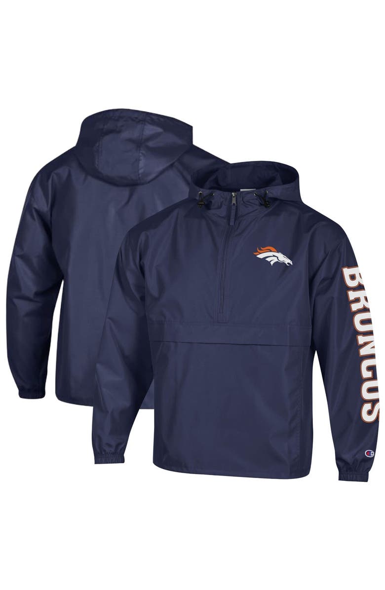 Champion Men's Champion Navy Denver Broncos Packable Hooded Windbreaker Half-Zip Jacket, Main, color, Navy