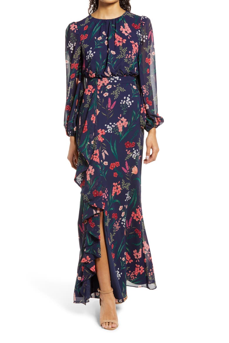 Floral Cascade Ruffle Long Sleeve Dress, Main, color, NAVY