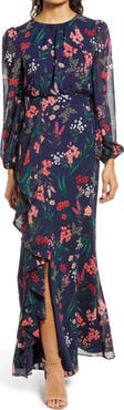 Eliza J Floral Cascade Ruffle Long Sleeve Dress