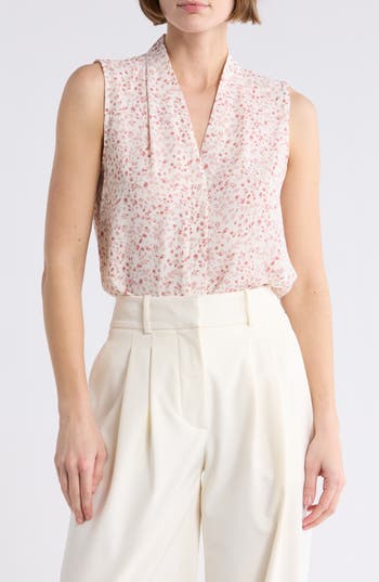 NORDSTROM RACK V-Neck Sleeveless Woven Shell Top in Ivory- Pink Baby Buds at Nordstrom Rack, Size Medium