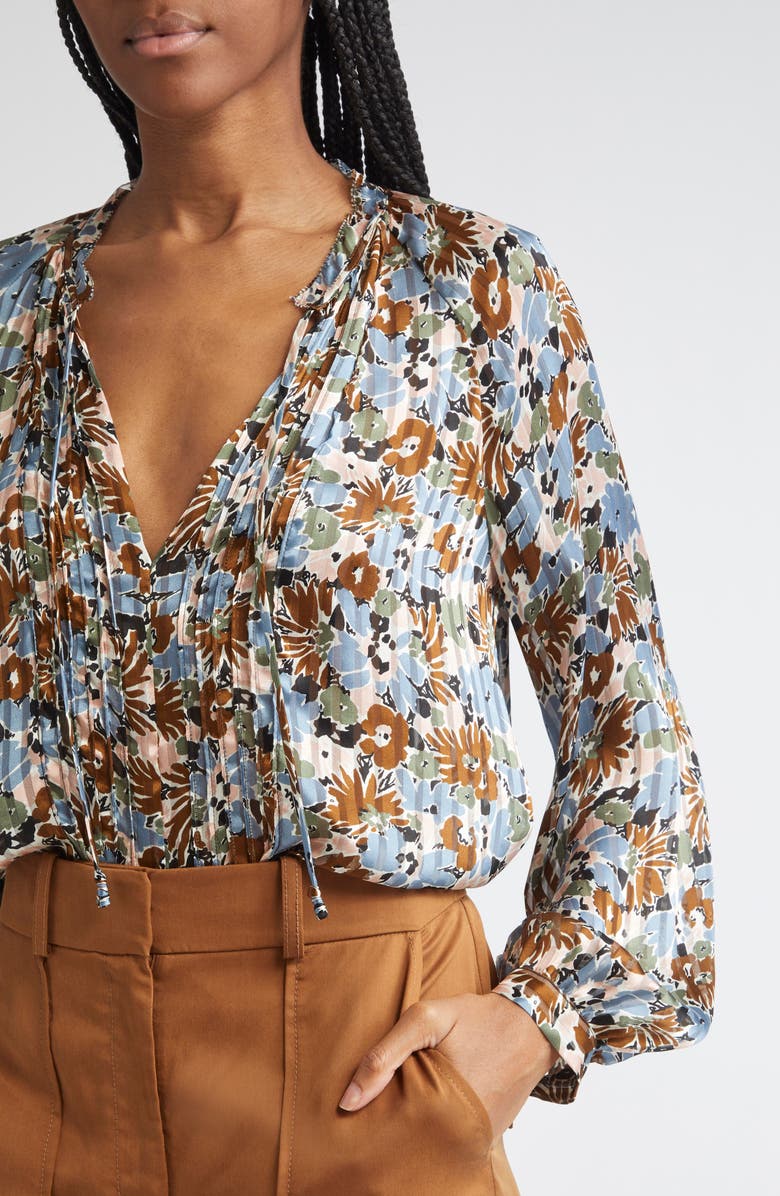 Veronica Beard Linds Pleated Silk Top, Alternate, color, Lake Mist Multi