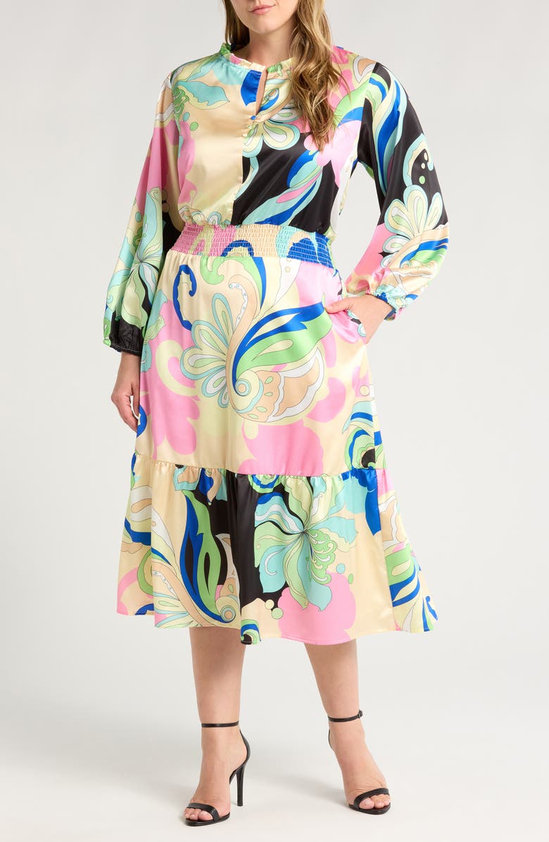 CIEBON Irena Print Long Sleeve Satin Midi Dress, Main, color, Green