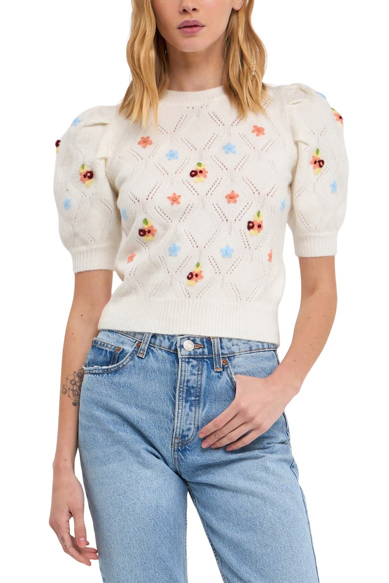 Floral Embroidery Sweater, Main, color, CREAM