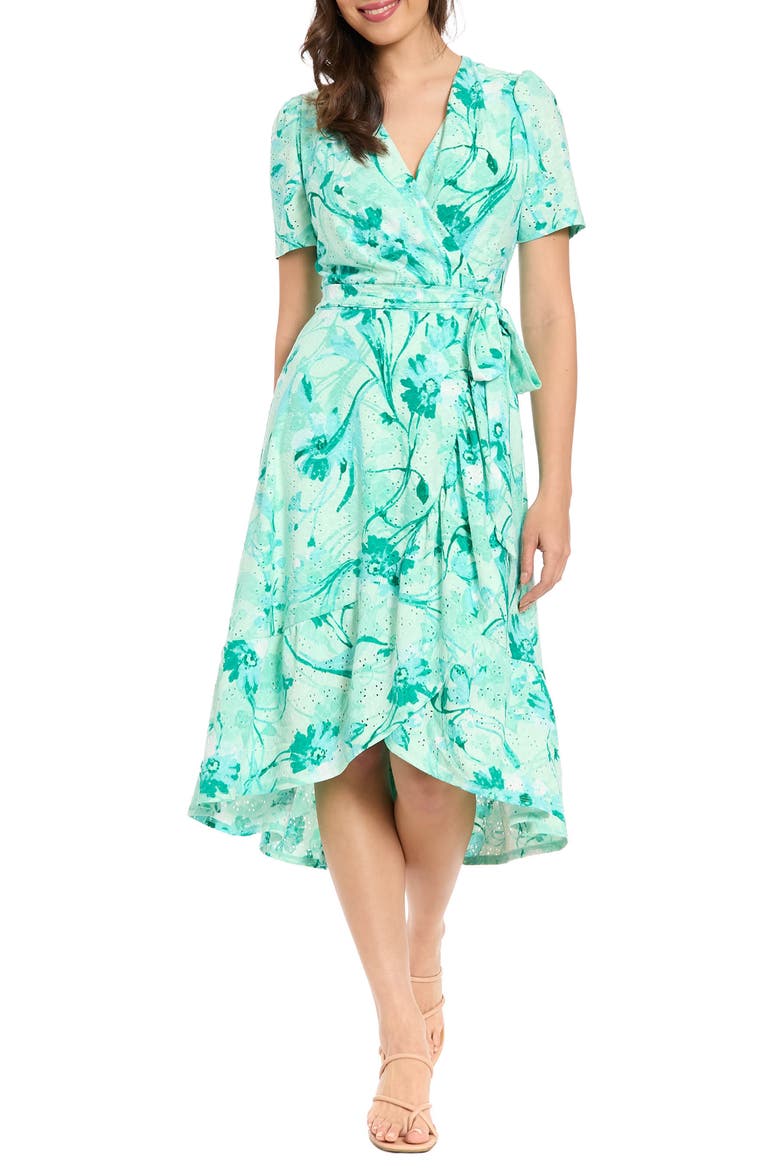 Floral Eyelet Faux Wrap Midi Dress, Main, color, LIGHT GREEN/ TEAL