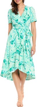 London Times Floral Eyelet Faux Wrap Midi Dress