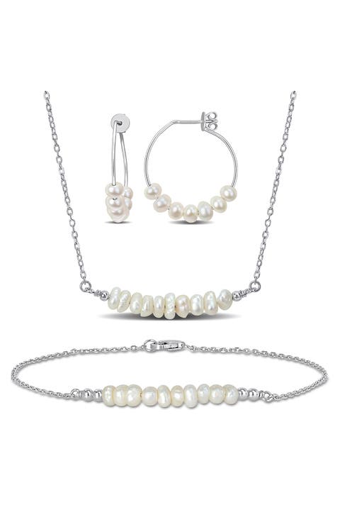 Cultured Pearl Beaded Earrings, Bracelet & Necklace Set