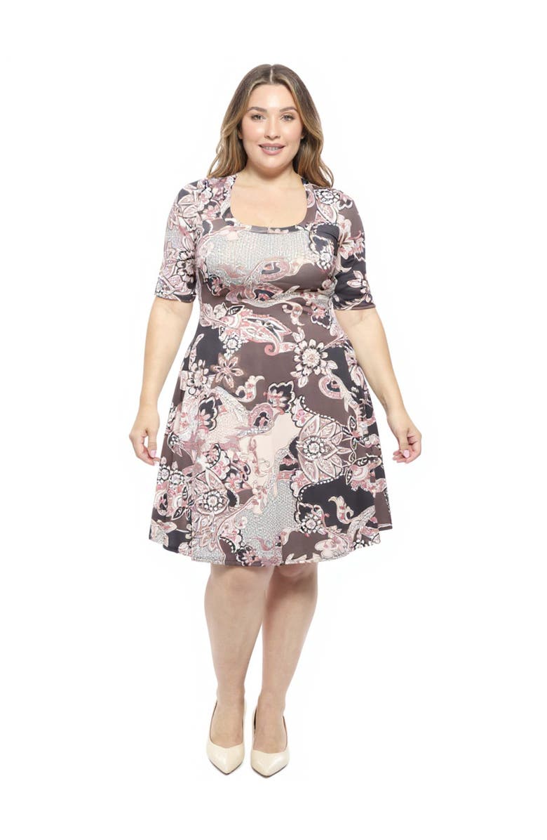 24seven Comfort Apparel Plus Size Paisley Scoop Neck Elbow Sleeve Knee Length A-Line Dress, Main, color, Brown Multi