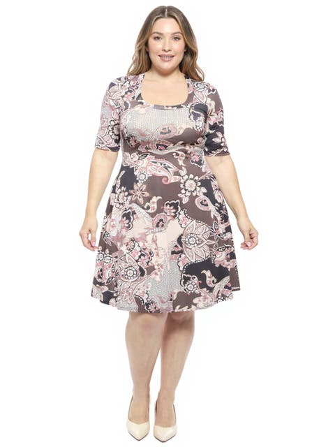 Plus Size Paisley Scoop Neck Elbow Sleeve Knee Length A-Line Dress
