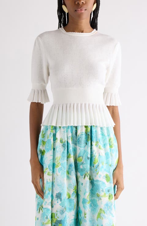 Ruffle Prim Pointelle Crop Wool Sweater