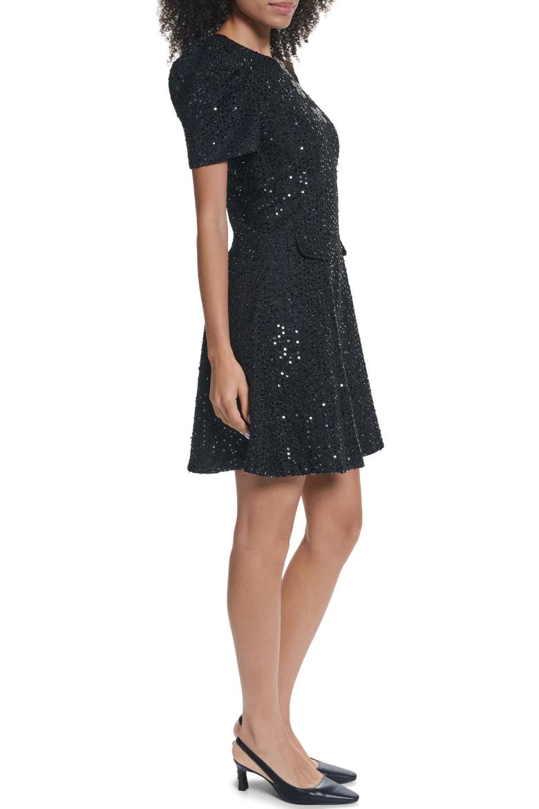 Bow Detail Sequin Tweed A-Line Minidress, Alternate, color, BLACK