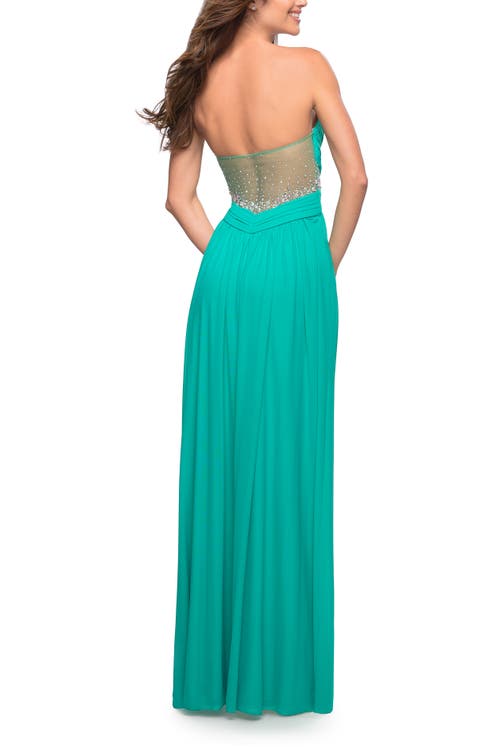 La Femme Net Jersey Dress With Gathered Bodice And V Neckline