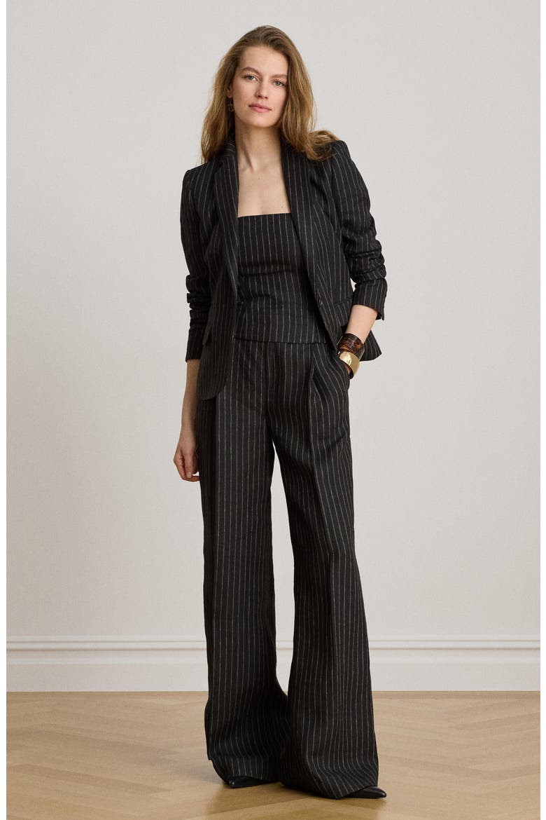 Pinstripe Linen Blazer, Alternate, color, BLACK/ BEIGE
