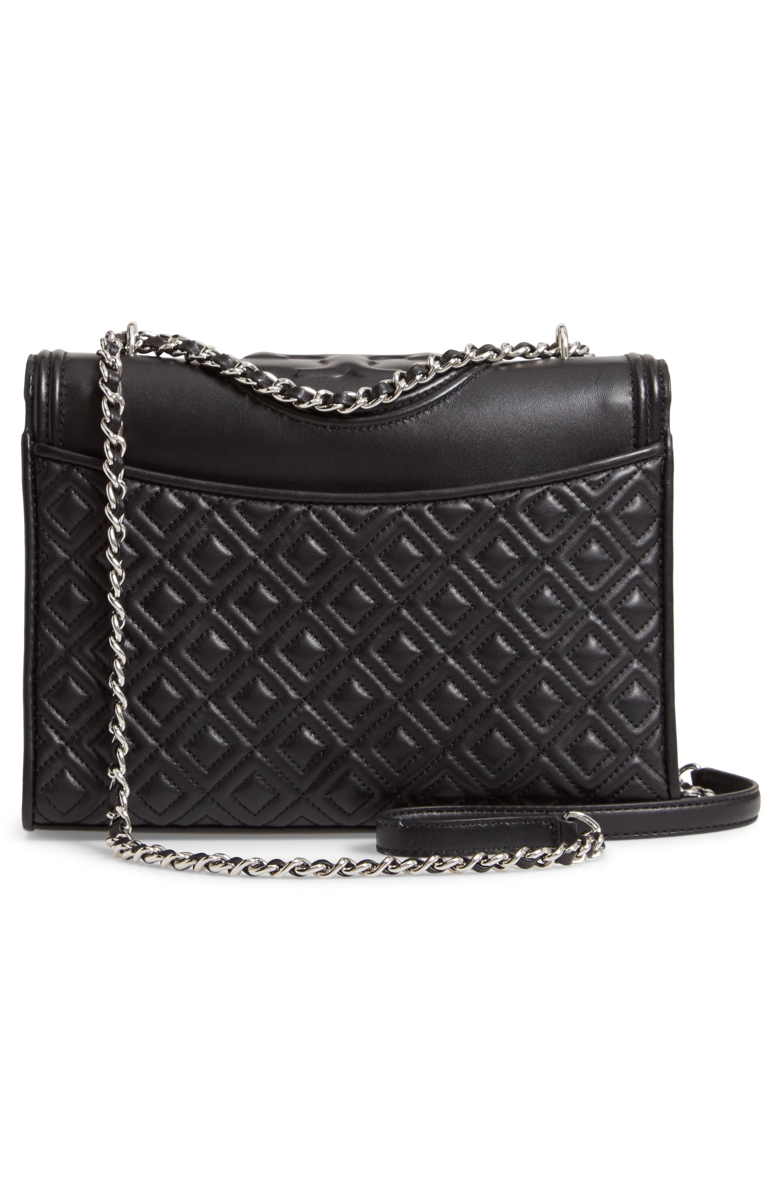 Tory Burch Fleming Quilted Lambskin Leather Convertible Shoulder Bag, Alternate, color, Black / Silver