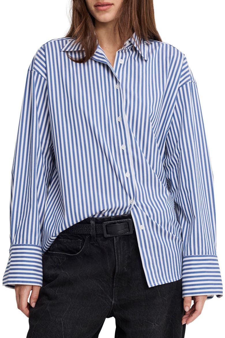Oversize Cotton Poplin Button-Up Shirt, Alternate, color, INDIGO STRIPE