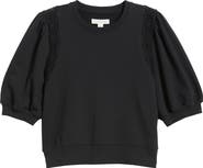 Treasure & Bond Lace Inset Puff Sleeve Crop Sweatshirt