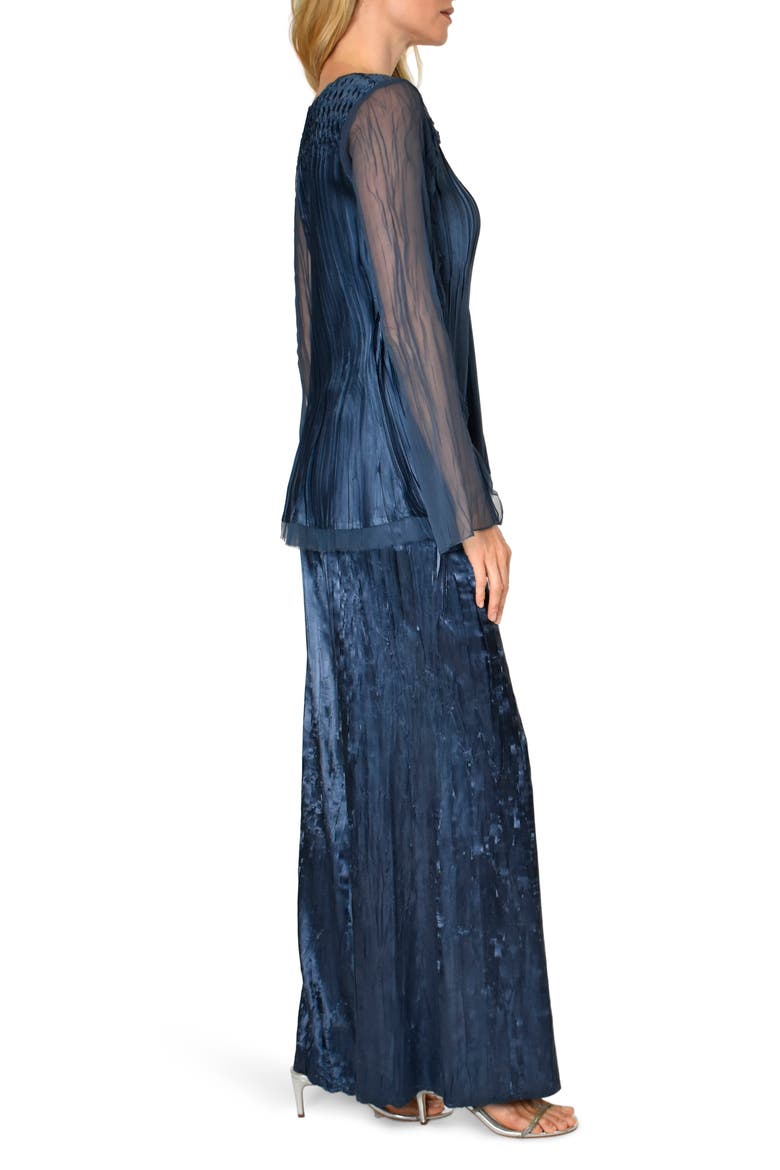 Two-Piece Charmeuse & Chiffon Tiered Long Sleeve Tunic & Pants Set, Alternate, color, ECLIPSE