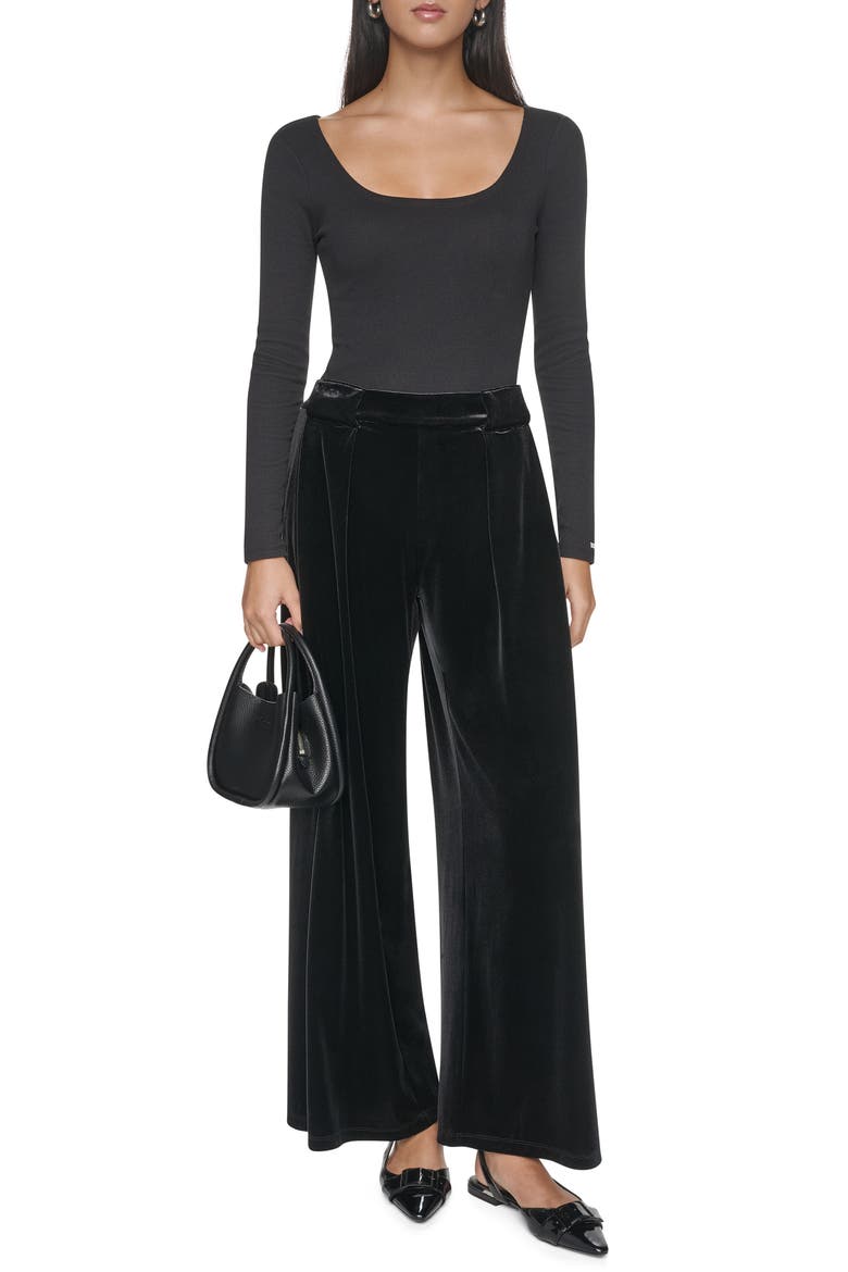 Pleated Velvet Wide Leg Pants, Alternate, color, BLACK