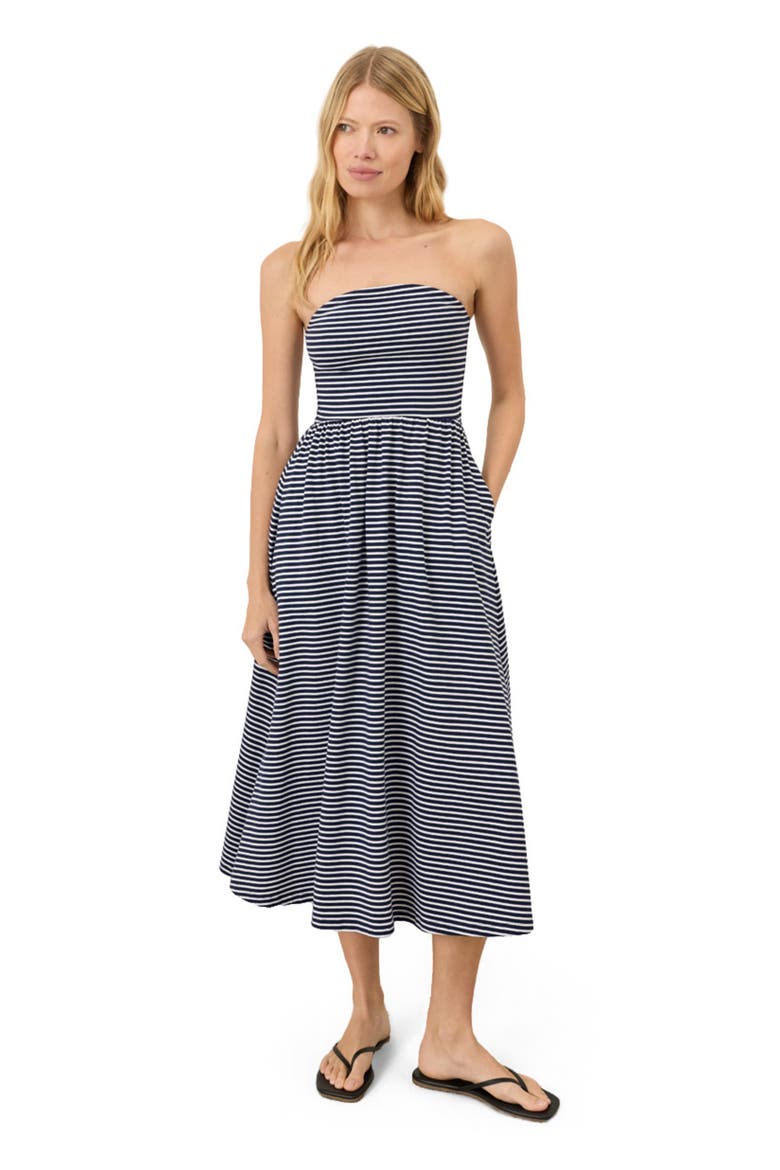Fit & Flare Strapless Dress Made With Organic Cotton, Main, color, Hudson Stripe Navy Blue